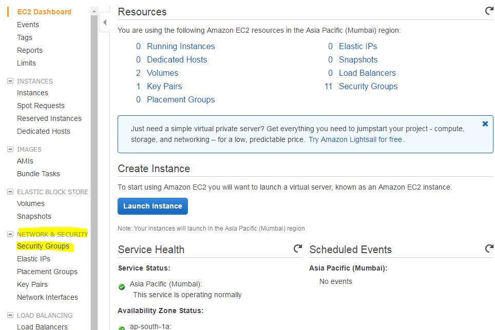 Security groups in EC2 dashboard