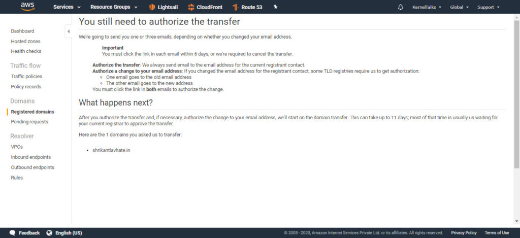 Authorize domain transfer