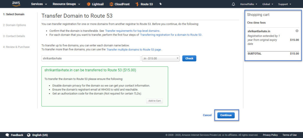 Domain transfer billing total