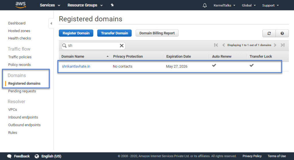 Domain transferred to Route53