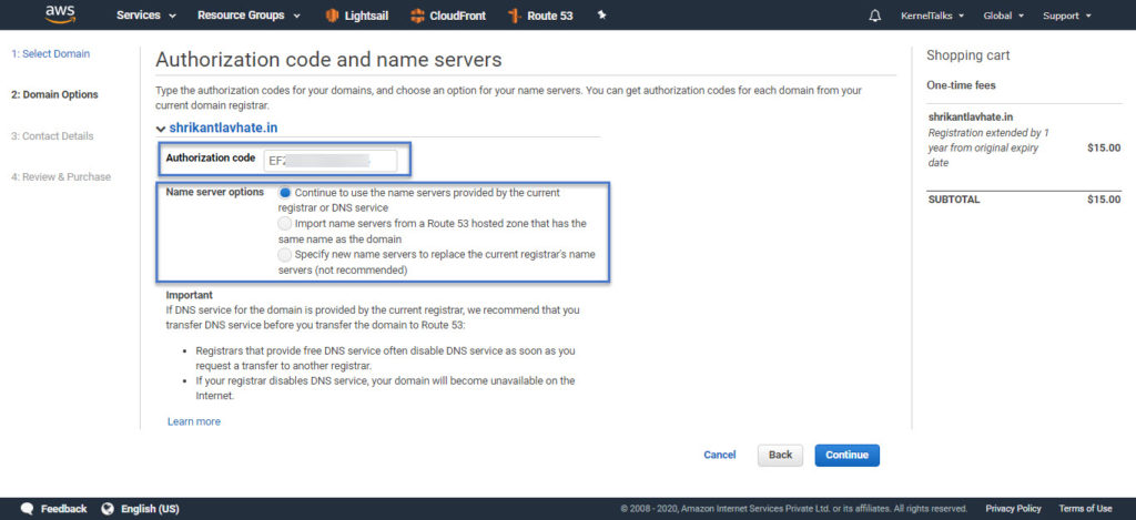 Transfer authorization code and nameservers