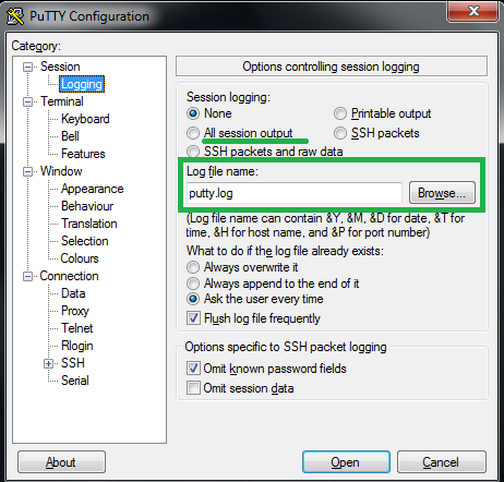 How to create log in putty session?